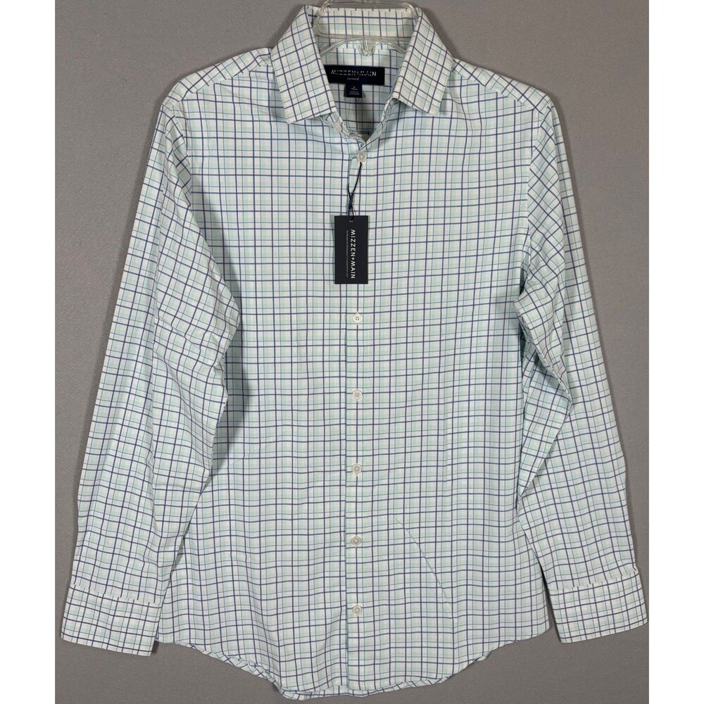 NWT Mizzen Main Leeward Shirt Mens S Trim Fit Aqua Blue White Plaid Performance